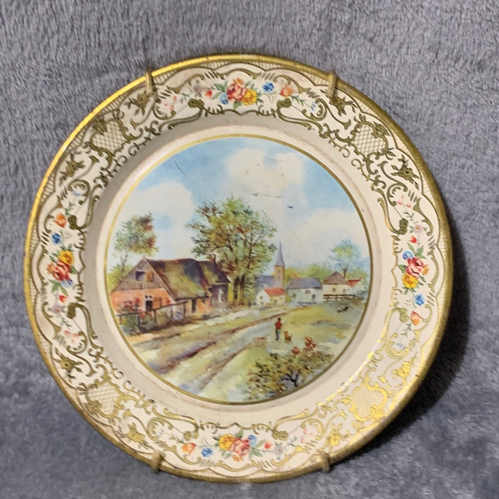 Vtg Daher Decorated Ware Tin Plate Holland Pastoral Village Scene 8 Inch Cottage
